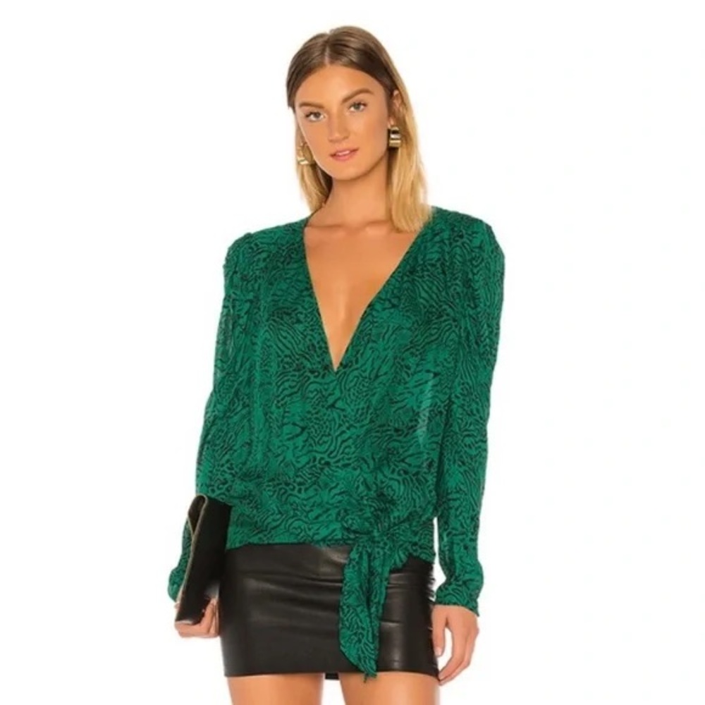 Parker Silk Wrap Jaguar Blouse Long Sleeve Green Size Medium 501